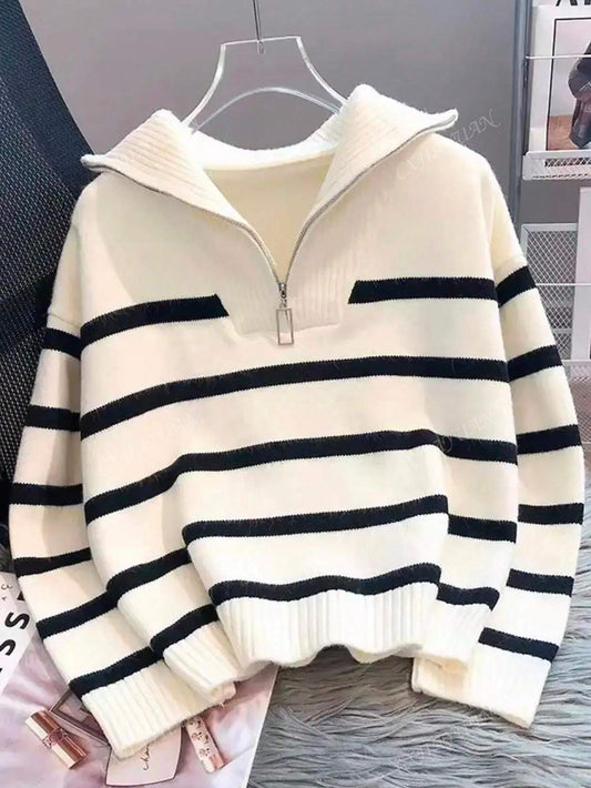 Suéter con Cuello Redondo a Rayas para Mujeres, Diseño Simple de Pullover de otoño/Invierno